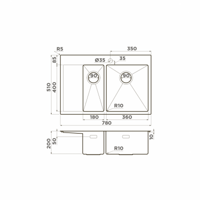Мойка Omoikiri прямоугольная двойная левая 780х510 мм Akisame 78-2-LG-R нерж.сталь, светлое золото (4973088)