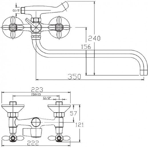 Двухвентильный смеситель для ванны Haiba HB2018 с душевым гарнитуром (латунь керамика) хром