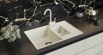 Кухонная мойка Ulgran Quartz Prima 780 1,5 K-01 прямоугольная 780х500х200 две чаши с правым крылом жасмин