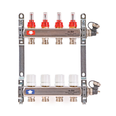 Коллекторная группа 1" Uni-Fitt 450I нерж. сталь 5 выходов 3/4" с расходомерами и термостатическими вентилями (450I4305.R)