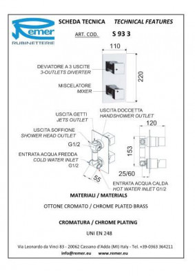 Remer SQ 3 S 93 3 встраиваемый смеситель для ванны и душа, хром