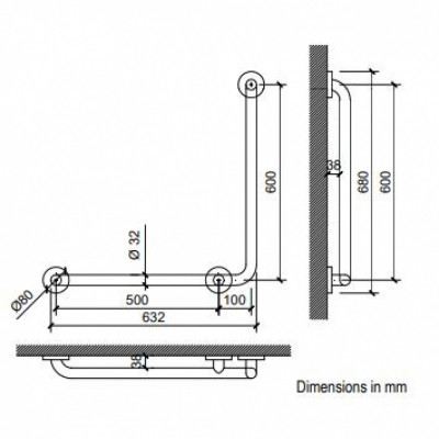 Угловой опорный поручень 600*600 мм (матовая нержавеющая сталь) NOFER 15060.S