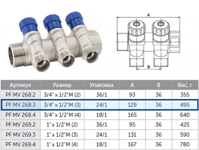 Коллектор ProFactor PF mv268.3  3/4 "- 1/2 " с регулировочными вентилями, 3 выхода