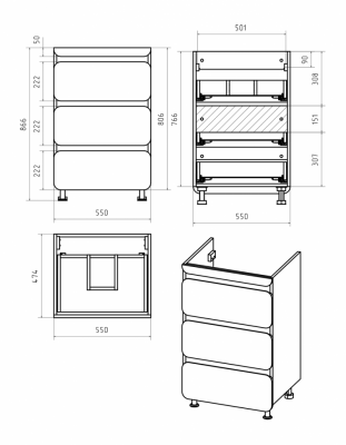Тумба Misty Чегет - 55 с 3 ящ. под стиральную машину П-Чег-01055-01Н3Я с раковиной