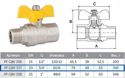 Кран шаровой 3/4" (г-ш) ProFactor PF gbv 337 для газа, бабочка