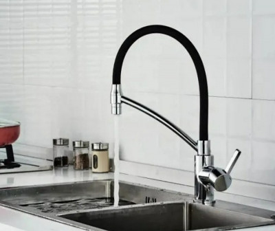 Смеситель для кухни Haiba HB73643-7 с гибким изливом (латунь) хром, черный