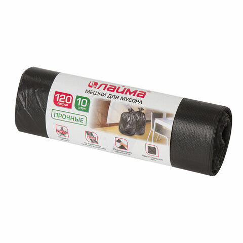 Мешки для мусора 120 л, черные, в рулоне 10 шт., прочные, ПНД 18 мкм, 70х110 см, LAIMA, 601386