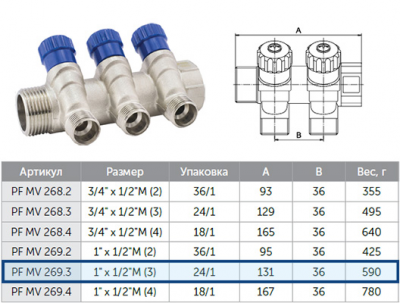 Коллектор ProFactor PF mv269.3 1"- 1/2 " с регулировочными вентилями, 3 выхода