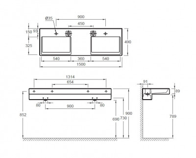 JACOB DELAFON TERRACE EXA9112-00 двойная раковина-столешница, с подсветкой 150 см х 49 см, белая