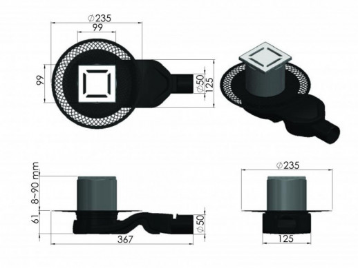 Трап BERGES водосток PLATZ Norma 100х100, матовый хром, S-сифон D50 H60 боковой