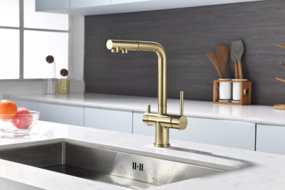 Кухонный смеситель Paulmark Serpentine Se213222-LG матовое золото с выдвижным изливом