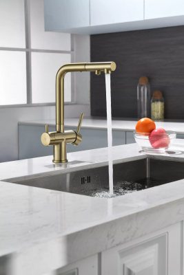 Кухонный смеситель Paulmark Serpentine Se213222-LG матовое золото с выдвижным изливом