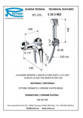 Гигиенический комплект Remer C 33 2 REZ (смеситель, душ-пистолет), хром