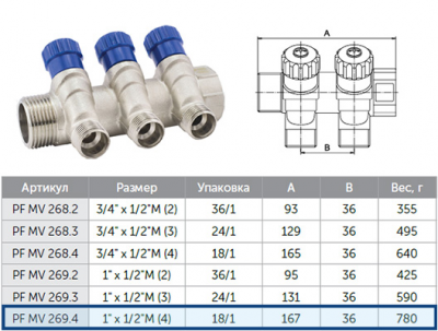 Коллектор ProFactor PF mv269.4 1"- 1/2 " с регулировочными вентилями, 4 выхода