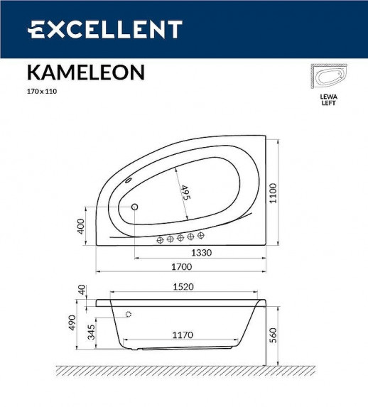 Ванна акриловая Excellent Kameleon 170x110 L WAEX.KML17.LINE.CR с гидромассажем угловая