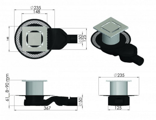 Трап BERGES водосток PLATZ Norma 150х150, матовый хром, S-сифон D50 H60 боковой