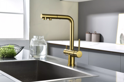 Кухонный смеситель Paulmark Serpentine Se213222-BG брашированное золото с выдвижным изливом