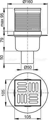 AlcaPlast трап APV26 сливной 105 105/50, подводка – прямая, решетка – нержавеющая сталь, гидрозатвор – мокрый