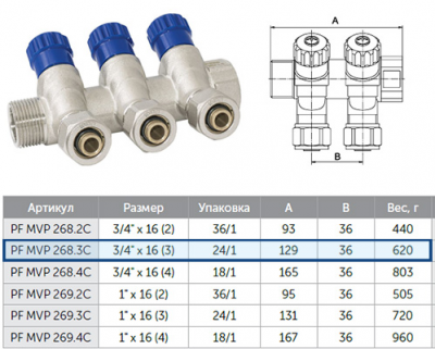 Коллектор ProFactor PF mv268.3C  3/4 "-16 с регулировочными вентилями, 3 выхода