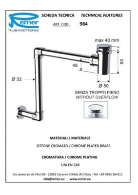 Сифон Remer RR 984 с донным клапаном, хром