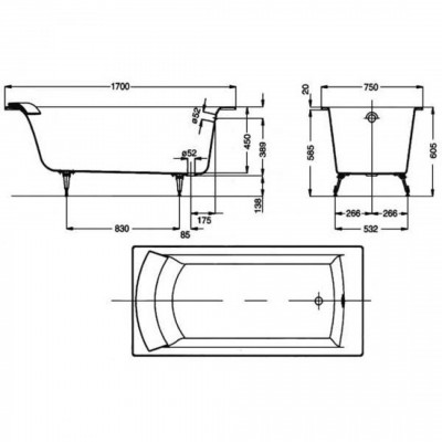 Чугунная ванна 170х75 Jacob Delafon Biove E2930-00 прямоугольная белый