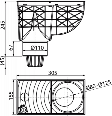 Ливнеотвод 300×155/110 мм, сток – прямой, серый AlcaPlast AGV1S