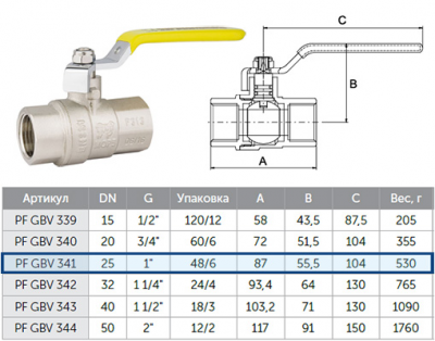 Кран шаровой 1" (г-г) ProFactor PF gbv 341 для газа, рычаг