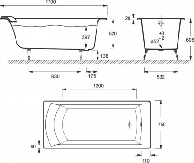 Чугунная ванна 170х75 Jacob Delafon Biove E2930-S-00 прямоугольная белый