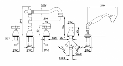 MIGLIORE Princeton 19367 смеситель на борт ванны, на пять отверстий, состаренный хром