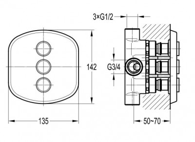 Переключатель для душа Cezares GLOBO-F-DEV3-B-01, встраиваемый, трехпозиционный