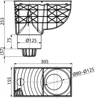 Ливнеотвод 300×155/125 мм, сток – прямой, черный AlcaPlast AGV2