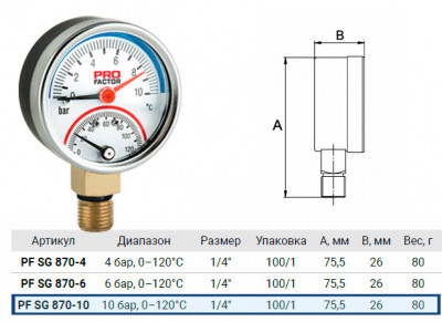 Термоманометр ProFactor PF SG 870-10 Ø53mm, радиальное присоединение