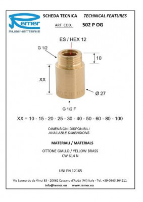 Remer 502 OG  3/4 "  удлинитель гш 20 мм, желтая латунь