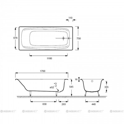 Чугунная ванна 170х75 Jacob Delafon Diapason E2937-S-00 прямоугольная белый