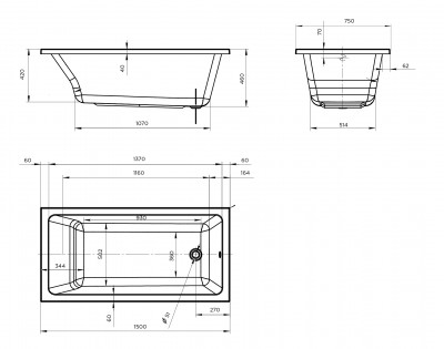 Ванна акриловая Marka One BIANCA 150x75 прямоугольная 203 л белая (01бья1575)