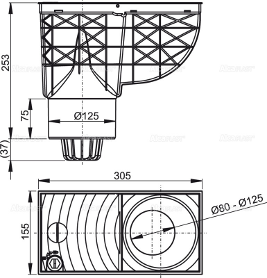 Ливнеотвод 300×155/125 мм, сток – прямой, серый AlcaPlast AGV2S