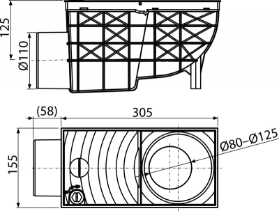 Ливнеотвод 300×155/110 мм, сток – боковой, черный AlcaPlast AGV3