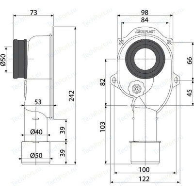 Сифон для писсура AlcaPlast D50, вертикальная труба D40/50 (A45C)