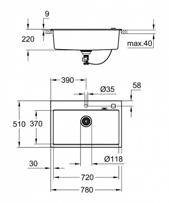 Мойка GROHE K700 с одной чашей, 780 x 510 мм, серый гранит (31652AT0)