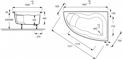 Ванна 150 х 100 см правосторонняя с ножками (в комплекте) белая JACOB DELAFON MICROMEGA DUO (E60218-00)