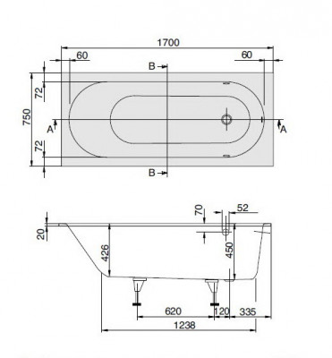 Villeroy & Boch OBERON UBQ170OBE2V-01 ванна, 170см х 75см, кварил, белый Alpin