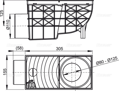 Ливнеотвод 300×155/110 мм, сток – боковой, серый AlcaPlast AGV3S
