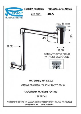 Сифон Remer RR 984 S с донным клапаном, хром