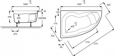Ванна 150 х 100 см левосторонняя с ножками (в комплекте), белая. JACOB DELAFON MICROMEGA DUO (E60219-00)