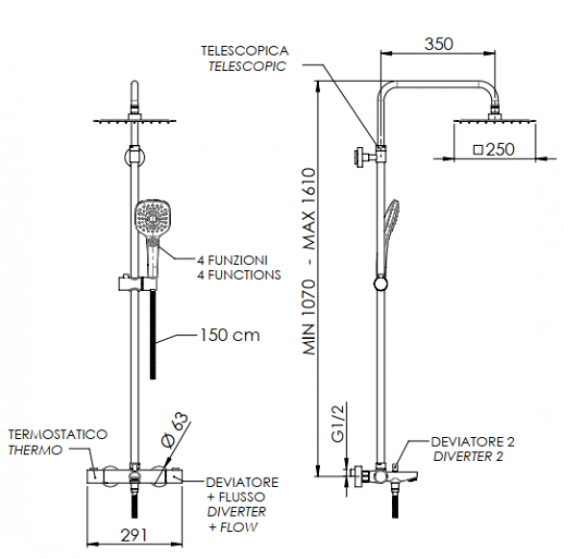 Душевой гарнитур EQ 34 A8CPUFS 25 NO термостатический черный REMER (EQ34A8CPUFS25NO)