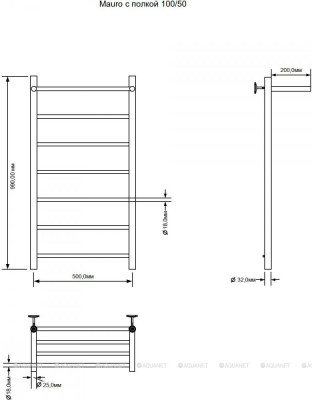 Полотенцесушитель водяной Aquanet Mauro 1000x500 с полкой лесенка хром (00282322)