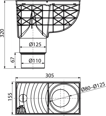 Ливнеотвод 300×155/125/110 мм, сток – прямой, черный AlcaPlast AGV4