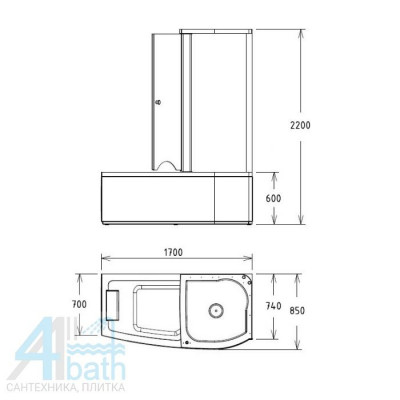 Акриловая ванна GEMY G8040 C R 170х85х220 см с душевой кабиной, белая