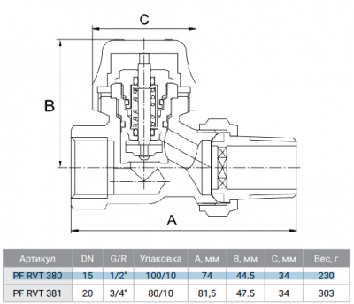 Вентиль радиаторный термостатический ProFactor PF rvt 380 1/2" (прямой)