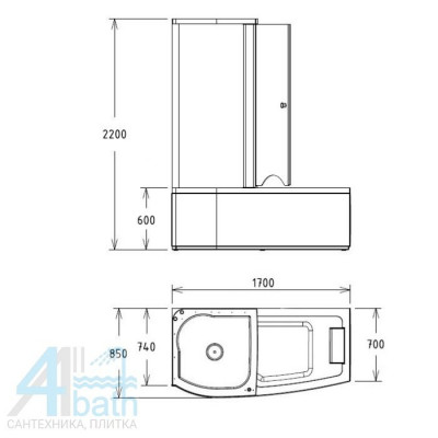 Акриловая ванна GEMY G8040 C L 170х85х220 см с душевой кабиной, белая